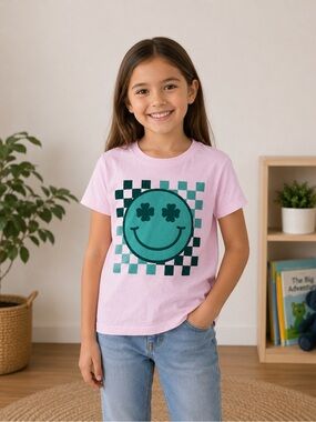 Tultex Pink Tee with Green Checker Smiley